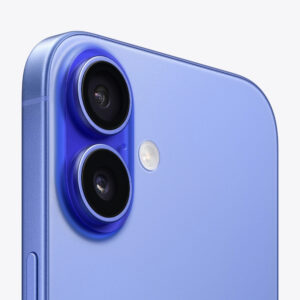 Close-up of ultramarine iPhone 16 camera lenses